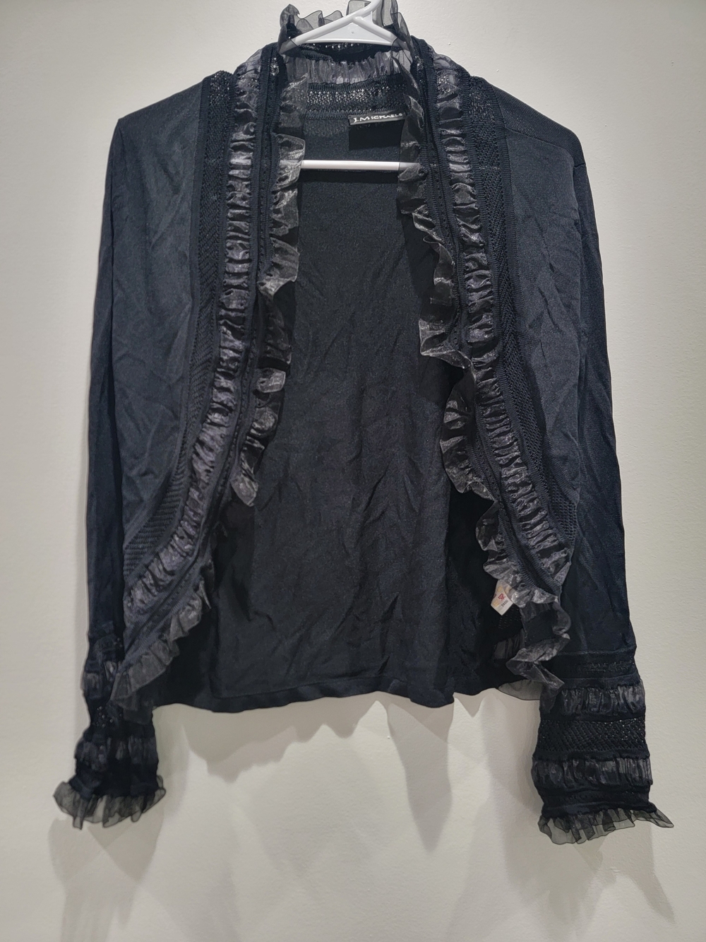J.Michaels Black Ruffle-Trim Open Cardigan Sz Small